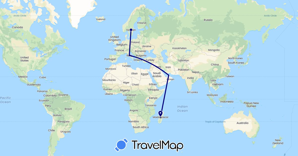 TravelMap itinerary: driving in United Arab Emirates, Italy, Madagascar, Sweden (Africa, Asia, Europe)